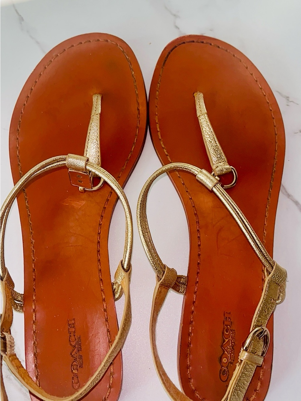 Coach Gold Leather T-Strap Sandals with Brown Footbed - Picture 1 of 9